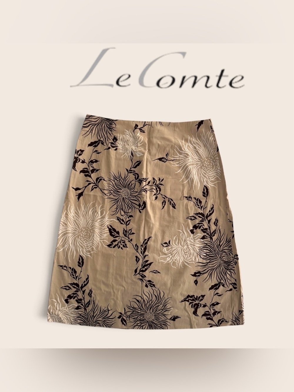 Lecomte Beige and Brown Floral Pleated Women’s Midi A-line Skirt - Picture 3 of 4